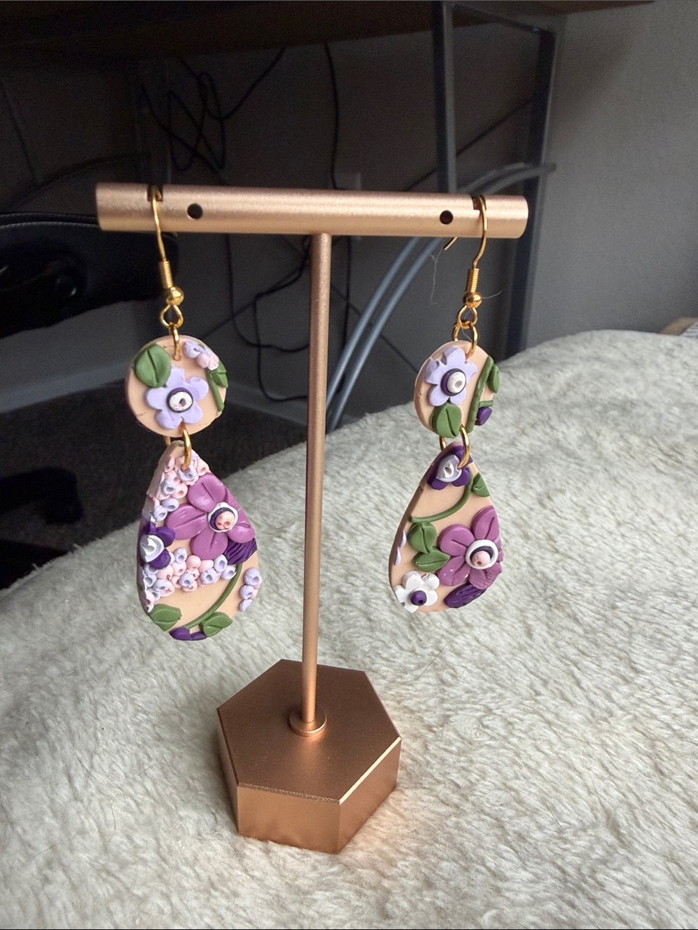 Handmade Floral Teardrop Earrings in Purple and Green